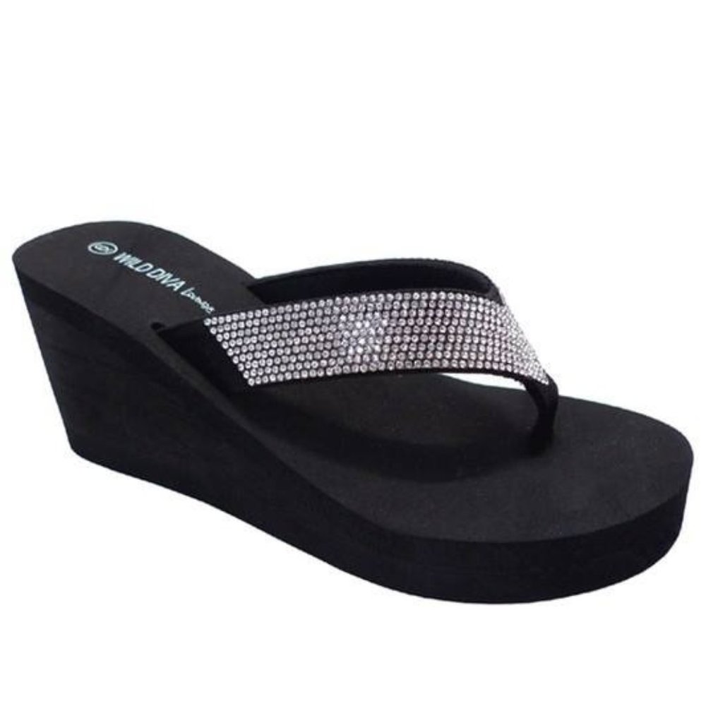 BLACK WEDGE SANDALS WITH CRYSTAL EMBELLISHMENT